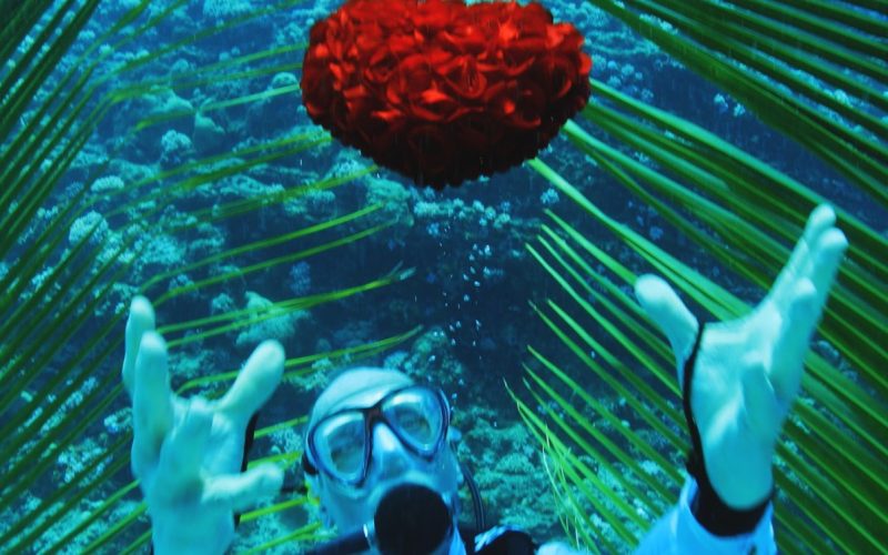 man throwing flowers on an under water wedding